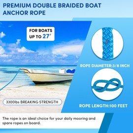 VEITHI Anchor Rope 100 ft x 3/8 inch Blue, Double Braided Anchor Line with Stainless Steel Thimble & Shackle, Boat Rope with Reflective Strip Ideal for Towing,Mooring,Anchoring,for Boats Up to 27'