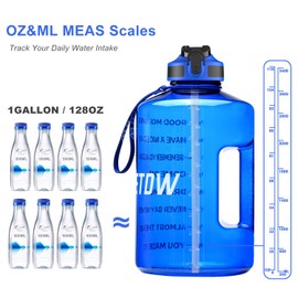ETDW Half Gallon Motivational Water Bottle Jug with Time Marker, BPA Free 74oz Big Water Bottle with Straw Cleaning Brush Leakproof Daily Water Intake Bottle with Handle Pop Up Open Blue