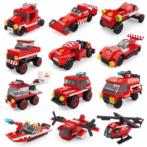 FUN LITTLE TOYS 12 Boxes Fire Rescue Vehicles Mini Building Blocks Party Favors for Kids 8-12, Car Building Kit, 3D Assembly Cars for Easter Eggs Empty, Kids Prizes in Bulk for School