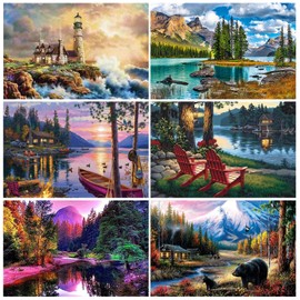 6 Pack Diamond Painting Kits for Adults, 5D DIY River Sea Forest Scenery Diamond Art Kits for Adults Kids Beginners, Full Drill Diamond Dots Gem Art Kits Craft Canvas Art Painting for Home Wall Decoration
