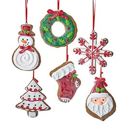 The Bridge Collection Claydough Gingerbread Ornaments, Set of 6 Assorted Frosted Christmas Cookie Ornaments with Icing and Candy, Dessert Food Ornaments