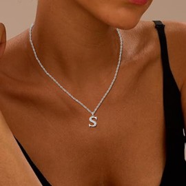 S925 Silver Initial Necklace for Women A-Z Letter Necklace Dainty Necklaces Jewelry for Women Cubic Zirconia Pendant Charm (Letter S)