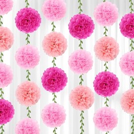 BestoFun Pack of 16 Pink Rose Tissue Paper Pompoms Garlands Paper Flowers Party Decoration for Wedding Prom Baby Shower Birthday Garden Party