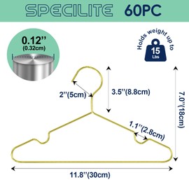 SPECILITE 60 Pack 11.8” Gold Kids Baby Metal Hangers with Notches for Toddler Clothes, Shirt, Children Coats, Infant Dress, Pants, 0.12" Thick Space Saving, Heavy Duty