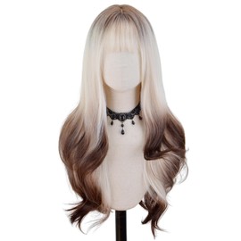 FREE BEAUTY Wig with Bangs for Women Long Dark Brown Mixed White Wavy Wigs 26 Inch Natural Wigs Natural Looking Heat Resistant Synthetic Wig for Daily Party Use (Red Brown Mixed White)