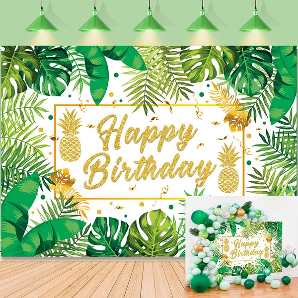Tropical Palm Happy Birthday Backdrop 7x5FT Hawaiian Luau Birthday Background