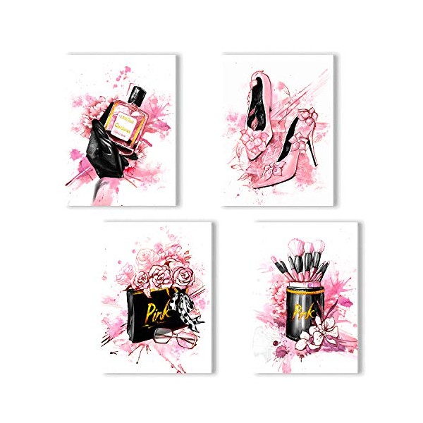 Women Fashion Canvas Wall Art ,Pink Bedroom Wall Decor, Perfume Modern Art Postersï¼Fashion High Heels, Makeup Brush, , Girls Room Decor, Black and Pink Fashion Poster