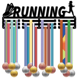 CREATCABIN Running Medal Holder Medal Display Hanger Rack Medal Wall Mount Frame Shelf Sports Hanger Black Wall Decor Medal Organizer Rack for Women's Running Success Celebration Ribbon 15.7 x 6Inch