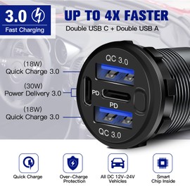 4 Port 12V USB Outlet 78W Multiport USB C Car Charger Socket, Dual PD3.0 & QC3.0 USB Port with Switch, Waterproof 12 Volt Outlet Replacement for Marine Boat RV Golf Cart Truck Tractor