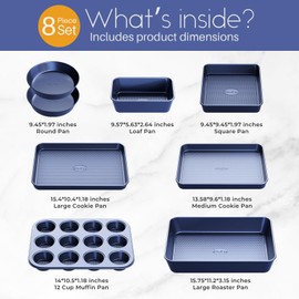 Slow Slog Baking Pans Set 8-Piece Bakeware Sets, Baking Sets for Cooking Nonstick Oven Pan Set, Baking Sheet Set, Cookie Sheets for Baking, Muffin Pan, Ceramic Coated Blue