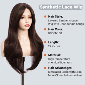 FASHION IDOL Wig for Women Synthetic Lace Front Door Curtain Fringe in Split Lace Hair Stitching Layered Colour Wig (BROWN138, 71 cm)