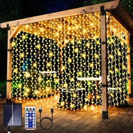 600 LED Solar Curtain Lights Outdoor Remote Control Gazebo 8 Modes Waterproof Waterfall Fairy String Window Wall Hanging Solar Patio Outside Wedding Party Christmas Decor, Warm