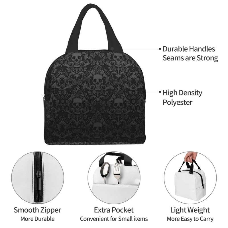 Hulnulnu Gothic Black Skull Insulated Lunch Bag Reusable Lunch Box