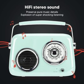 Retro Radio BT Speaker, Cordless Vintage Small Speaker with HiFi Stereo Sound, 5W, FM Radio and USB Drive Play Cute Old Fashion Style Portable Radio for Outdoor Party Gift (Mint Green)