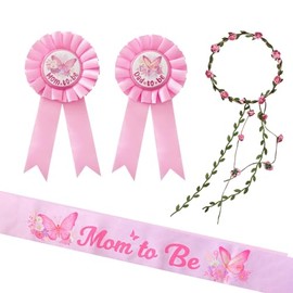 nuodslves Butterfly Mom to Be Sash & Floral Crown Headband for Gender Reveal Baby Shower Party Decorations Photo Props Pregnant Mommy Gift