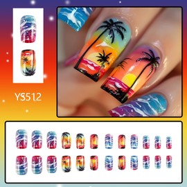 Palm Tree Press on Nails Square Medium Fake Nails Colorful Acrylic Nails Sunset Beach Coconut Tree Designs Glitter False Nails Summer Cute Summer Artificial Nails Medium Nails Press ons for Women