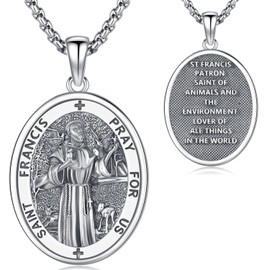 St Francis of Assisi Necklace S925 Sterling Silver Saint Francis Medal Jewelry Saint Amulet Protection Pendant Necklace Birthday Jewelry for Men Women