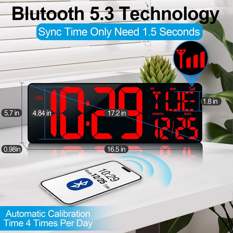 CYMHCHL 17.2" Large Digital Wall Clock Bluetooth Auto Time Sync