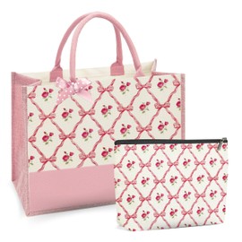 Coquette Pink Bow Tote Bag 2-Pack - Cute Aesthetic Canvas Makeup & Grocery Reusable Bags, Preppy Gift Set for Women, Girls (Birthdays, Mother’s Day