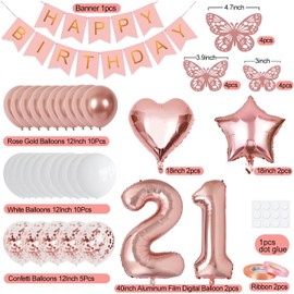 21st Birthday Decorations for Girls, Rose Gold 40 Inch Number 21 Foil Birthday Balloons with Happy Birthday Banner and Butterfly Stickers