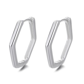 Minimalist Hexagon Geometric Chic 925 Sterling Silver Hoop Earrings for Women Men Girls Fashion Dainty Huggie Rectangle Hoops Unique Jewelry Hypoallergenic Gifts Bff Birthday Valentines Day 14mm
