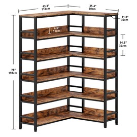 IRONCK Industrial Bookshelves 6 Tiers Corner Bookcases with Baffles Etagere Shelf Storage Rack with Metal Frame for Living Room Home Office