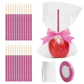 Anglecai 24Pcs Candy Apple Stick Kit, 24P Bling Stick for Apple Rhinestone Wooden Skewers, with 24P Bags, 1P 25 Yard Glitter Ribbon, Bling Stick for Caramel Apple Lollipop Crispy Treat