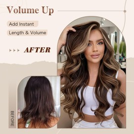 Highlight Dark Brown Mix Honey Blonde Long Layered Wavy Wigs with Bangs for Black White Women Synthetic Highlight Brown Layered with Curtain Bangs Wig Body Wave Shaggy Hair for Daily Use 24Inch