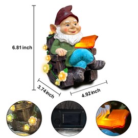 Solar Garden Gnome Statues Outdoor - Fairy Rocking Chair Gnomes Reading Book Succulents Figurines Lights Yard Art Sculpture Home Decor for Outside Patio Balcony Lawn, Ideal Birthday Housewarming Gifts