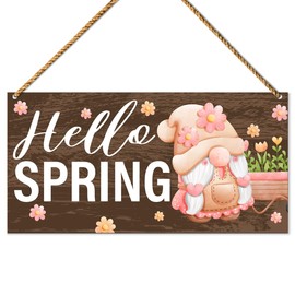 Hello Spring Sign, Spring Welcome Sign Front Door Decorations for Home Porch Patio Garden Pink Floral Gnome Hanging Sign Wood Decor