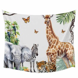 Wall Tapestry for Bedroom, Tropical Zoo Giraffe Zebra Tiger Elephant Plant Tapestry Aesthetic Wall Hanging, Ceiling Backdrop Decor Wall Mural Tapestries for Living Room Dorm Home Decor 59x59in