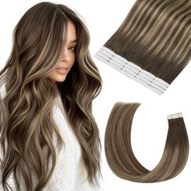 MEI YUAN LIN Tape in Hair Extensions Real Human Hair 14 Inch Dark Brown to Caramel Blonde Remy Hair Tape in Extensions 20pcs 40g Thick Ends