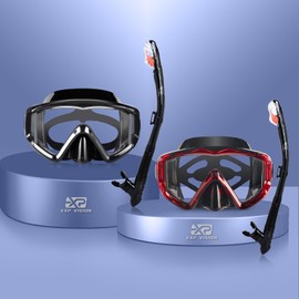 Snorkel Set - Pano 3 Window Dive Mask with Dry Top Snorkel, Shatterproof PC Glass, Anti-Fog, Liquid Silicone Skirt, Adjustable Straps, Snorkeling Gear for Adults, Youth (Black+Red 2 Pack)