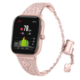 Compatible with FITVII H86,CanMixs P22,Withings Steel HR 40mm/ Steel HR Sport 62mm Band, Replacement Bling Metal Strap Stainless Steel Metal Jewelry Bangle Wrist Strap Bracelet Rhinestone (Pink)