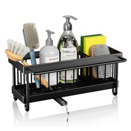 Heyaxdin Soporte para esponjas de Fregadero Negro, Soporte para esponjas de Fregadero de Cocina, Organizador Multifuncional para esponjas detergentes con caño Giratorio