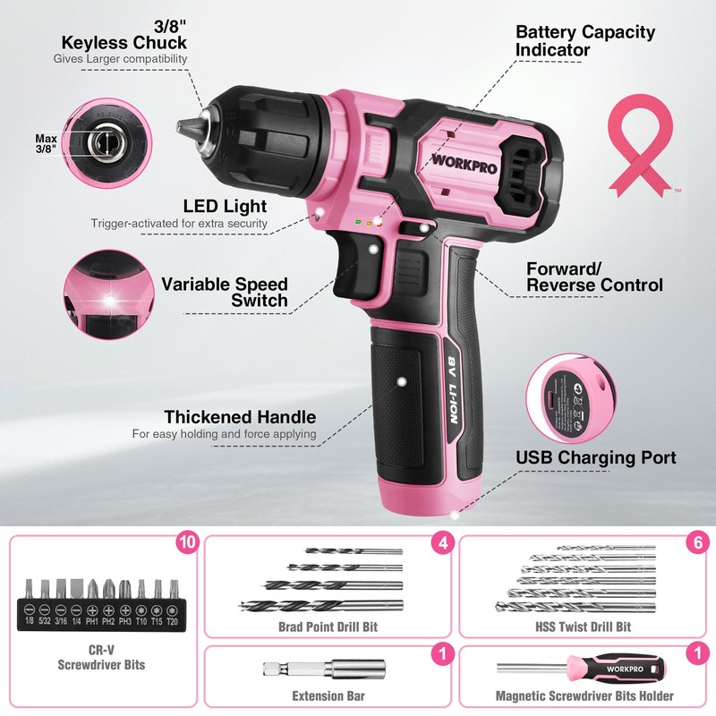 WORKPRO Pink Cordless Drill Driver with Toolbox, 43PCS Pink Tool