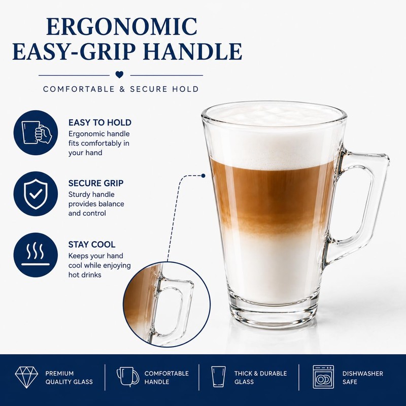 XORX 2 Pack Latte Glass Cups 240ml with Handles