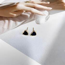 Colorful Enamel Heart Stud Earrings for Women & Girls – Gold Plated & Sterling Silver Posts, Hypoallergenic Cartilage Jewellery, Dainty Gift for Daughters (Black)