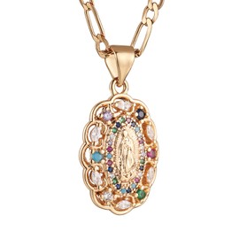 HZMAN 14K Gold Plated Oval Hollow Virgin Mary Prayer Necklace for Women Our Lady of Guadalupe Colorful Cubic Zirconia Amulet Pendant Jewelry Gift