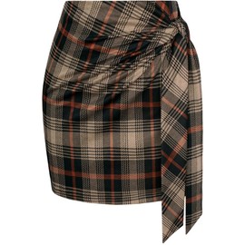 Kate Kasin Women's Plaid Skirt Elastic High Waist Bow Tie Stretch Bodycon Mini Pencil Skirts(Khaki Plaid, Large)