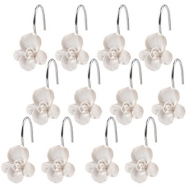 Framendino, 12 Pack Resin Rose Curtain Hooks White Flower Shower Decorative Floral Hanger for Bathroom Bedroom Living Room