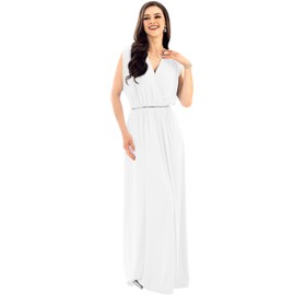 KOH KOH Plus Size Womens Long Cocktail Empire Waist Short Sleeve Formal V-Neck Bridesmaid Summer Flowy Bridesmaids Wedding Guest Grecian Gown Gowns Maxi Dress Dresses, Ivory White 2XL 18-20