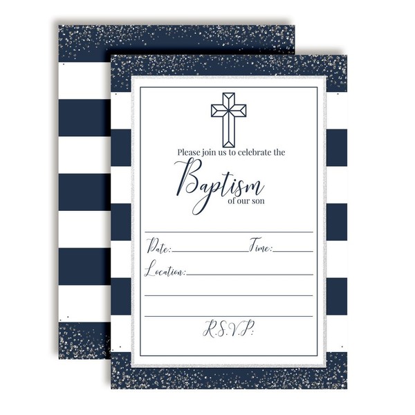 Navy & Silver Striped Baptism Invitations for Boys, 20 5"x7" Fill In Cards with Twenty White Envelopes by AmandaCreation
