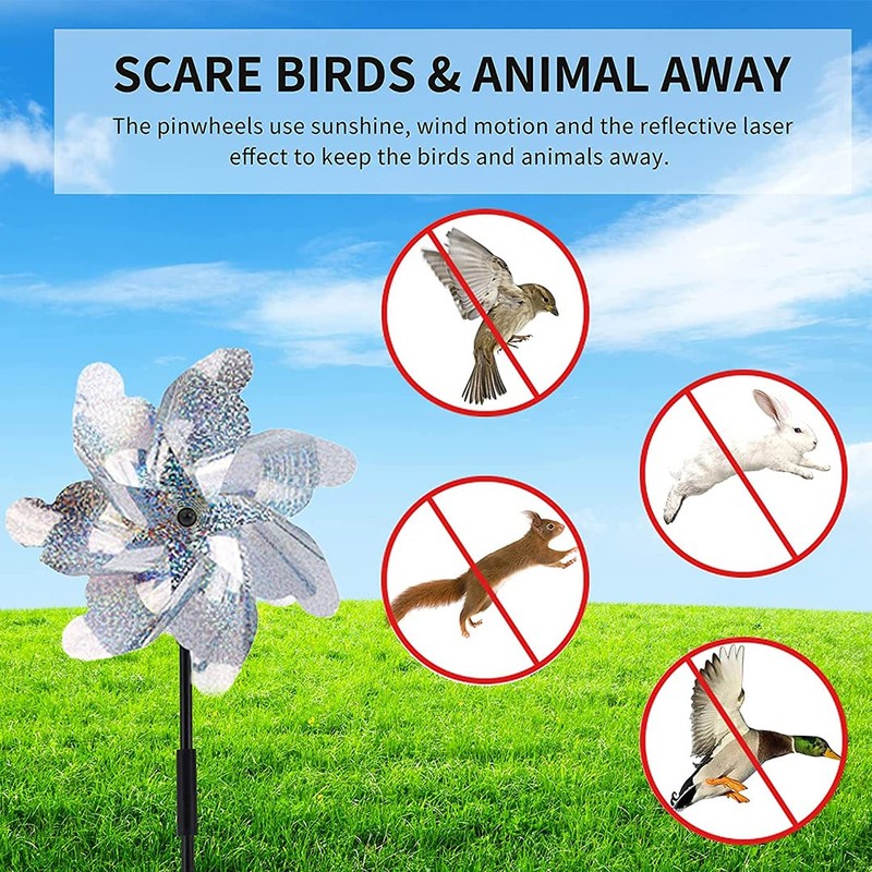Hercaise 2 Pack Bird Deterrent Pinwheels, Reflective Pinwheels with Stakes
