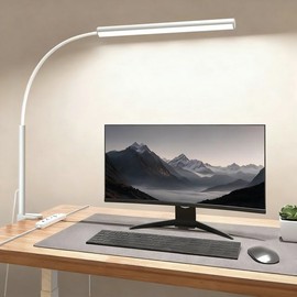 fuaoddda LED Desk Lamp with Clamp, Eye-Protection Clip on Desk Lamp, 5 Modes 10 Brightness Adjustment, 360°Flexible Gooseneck Lamp for Home Office, Lamps with USB Adapter，White