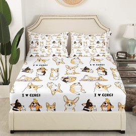 Cute Corgis Kids Fitted Sheet Full Size,Lovely Dogs Pets Cartoon Bedding Set,Girls Boys Adults Bedroom Decor,Toddlers Kawaii Animals Bed Cover,White Yellow Bed Sheet,2 Pillowcases（Not Flat Sheet）