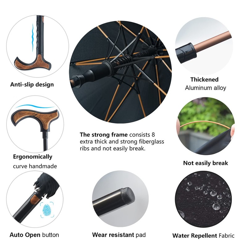 Auto Open Walking Stick Crutch Umbrella,2 in 1 Cane Umbrella,Heavy