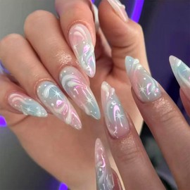 Almond Press on Nails Medium Fake Nails with Blue Pink Designs Summer Nails Press ons Cute Acrylic Nails Glossy Glue on Nails Glitter False Nails Artificial Stick on Nails for Women 24 Pcs