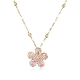 Elegant Pink Cz Flower Pendant Necklace for Women 14k Gold Plated Dainty Sparkling Crystal Floral Charm Adjustable Bead Chain Choker Necklaces Wedding Party Fashion Jewelry for Bridal 15.7'', 15.7