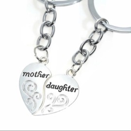 Key Mother and Daughter Heart Key Chain, Silver tone